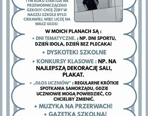 Wojciech Nowak z klasy 8b kandydatem na przewodniczącego Samorządu Uczniowskiego