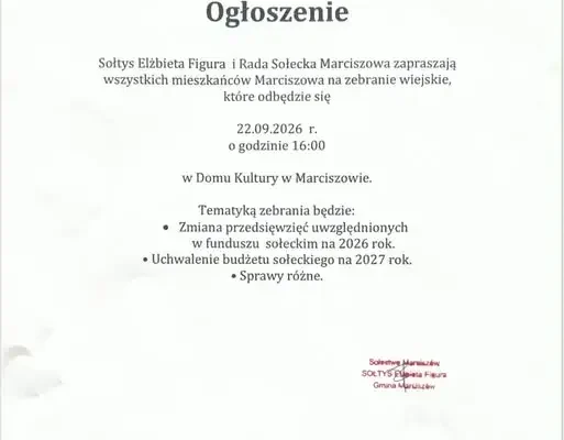 Zebranie wiejskie w Marciszowie – fundusz sołecki i budżet na 2027 rok