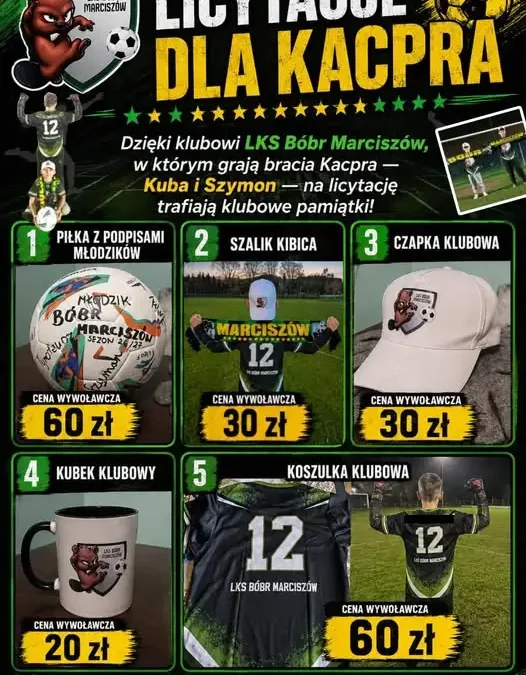 Licytacja gadżetów LKS Bóbr Marciszów dla Kacpra – gramy razem!